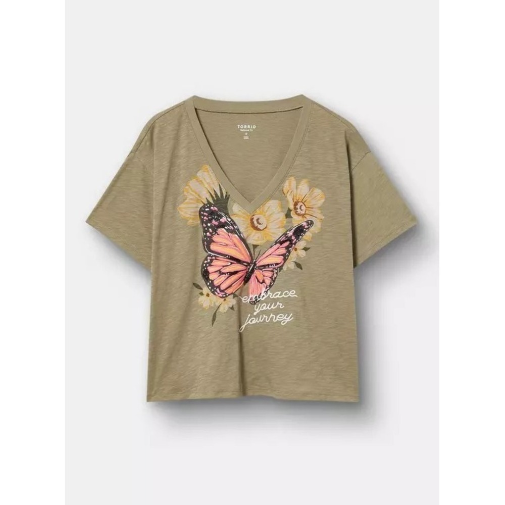 Torrid Relaxed Heritage Slub‎ V-Neck Tee 1 1X NWT Cropped Butterfly Embroidery